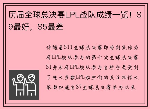 历届全球总决赛LPL战队成绩一览!S9最好,S5最差